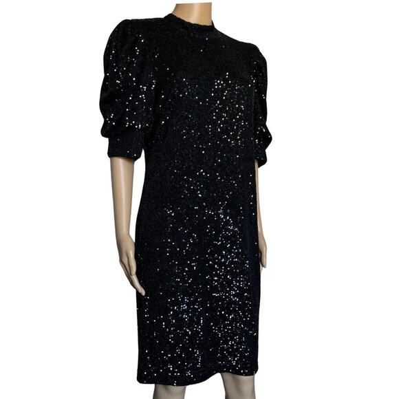 Joie Women's Sequin Puff Sleeve Back Zip Size Large Black Cocktail Evening Dress - Picture 5 of 11